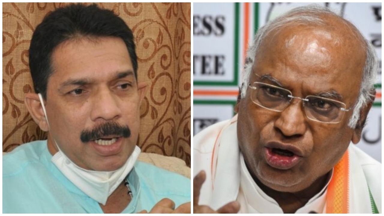 Nalin Kumar Kateel (Karnataka BJP president) and Mallikarjun Kharge (AICC president). Credit: DH File Photo and PTI Photo