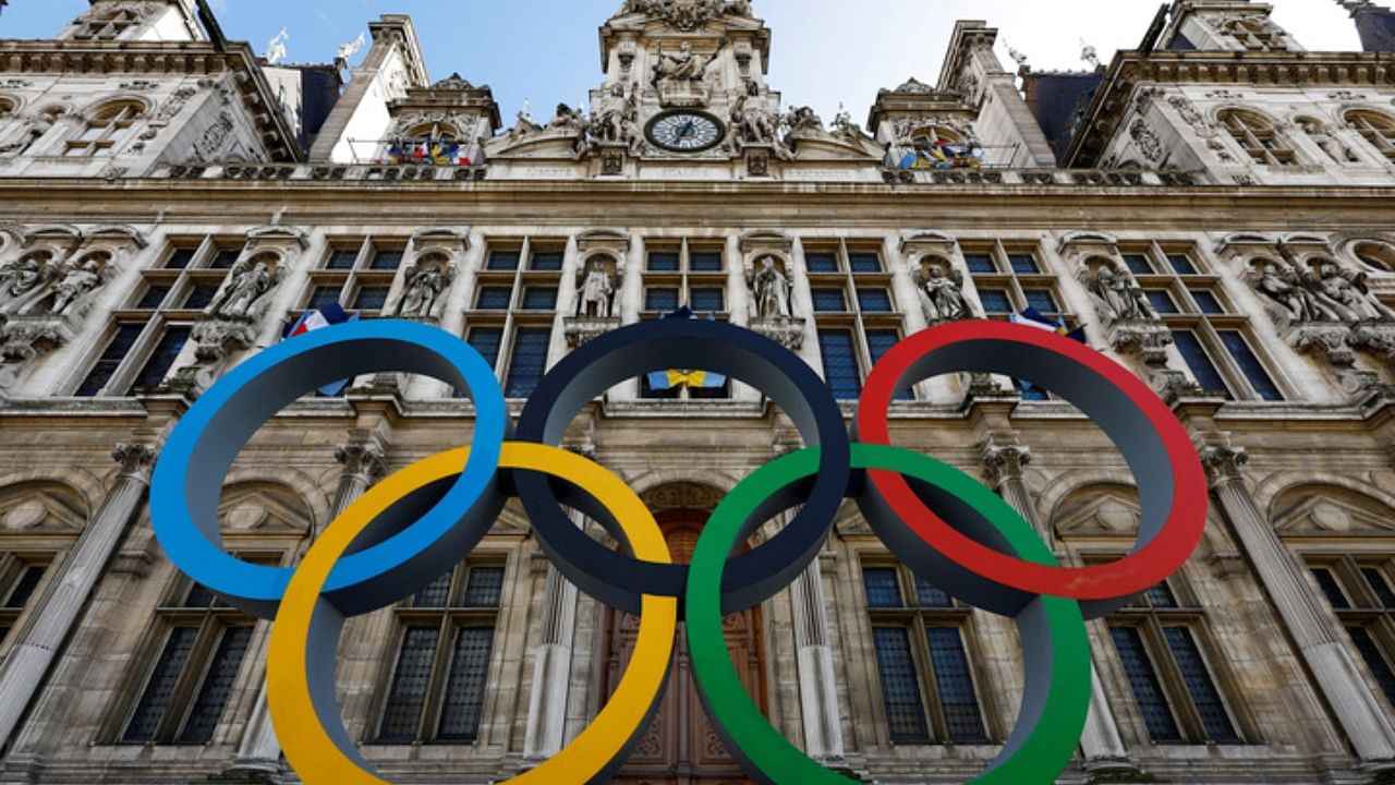 The Olympic rings are seen in front of the Hotel de Ville City Hall in Paris, France, March 14, 2023. Credit: AFP File Photo