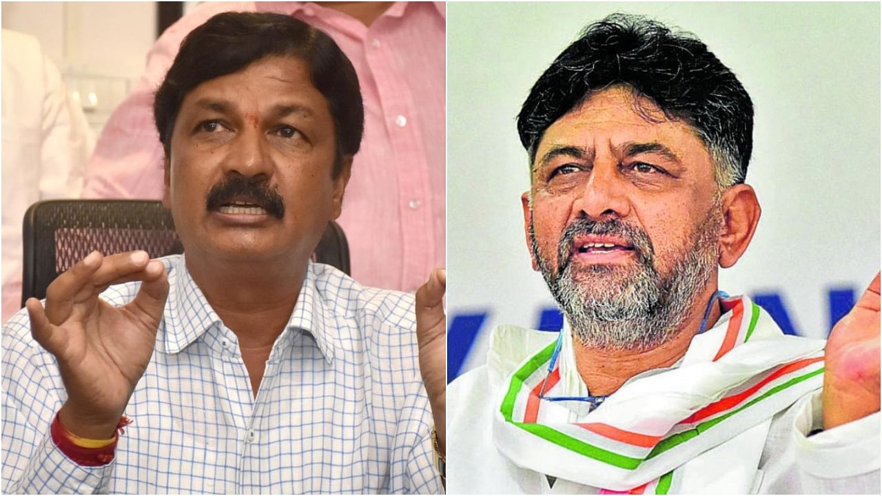 Ramesh Jarkiholi and D K Shivakumar. Credit: DH Photo