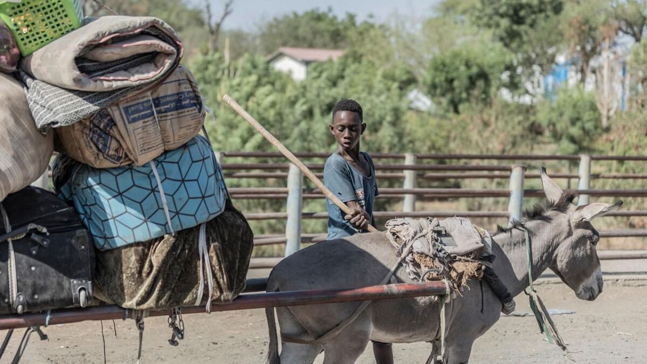 A young boy guides a donkey that carries a luggage of refugees fleeing from Sudan to Ethiopiain Metema, on May 4, 2023. Credit: AFP Photo