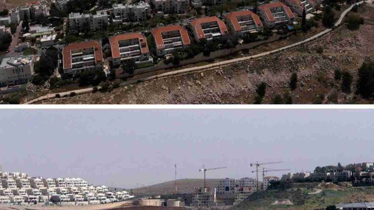  This combination of pictures show (top), an aerial view of the Israeli settlement of Maale Adumim, in the occupied West Bank, on April 30, 2023 and (bottom), a partial view of Maale Adumim, on April 7, 2005. Israel has occupied the West Bank, home to around 2.9 million Palestinians, since the 1967 Six-Day War. Credit: AFP Photo