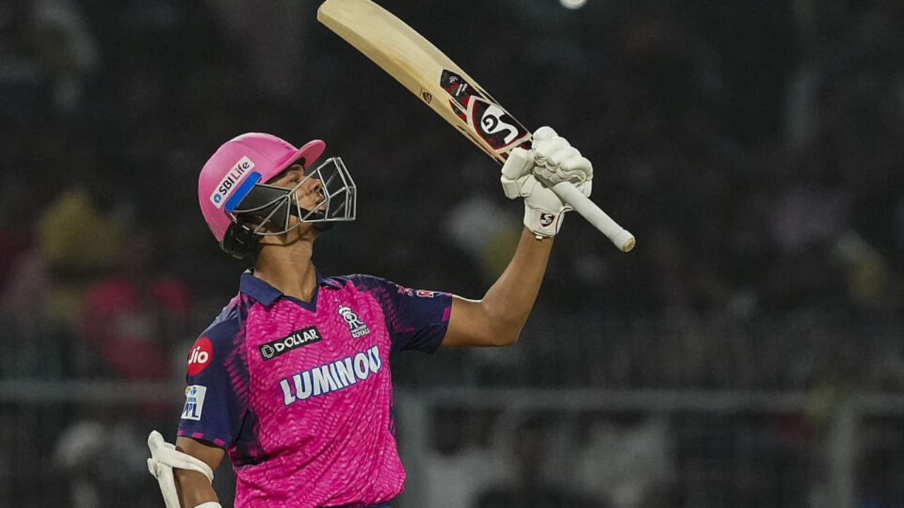 : Rajasthan Royals batter Yashasvi Jaiswal celebrates after scoring a half-century during the IPL 2023 cricket match between Kolkata Knight Riders and Rajasthan Royals, at Eden Gardens in Kolkata, Thursday, May 11, 2023. Credit: PTI Photo