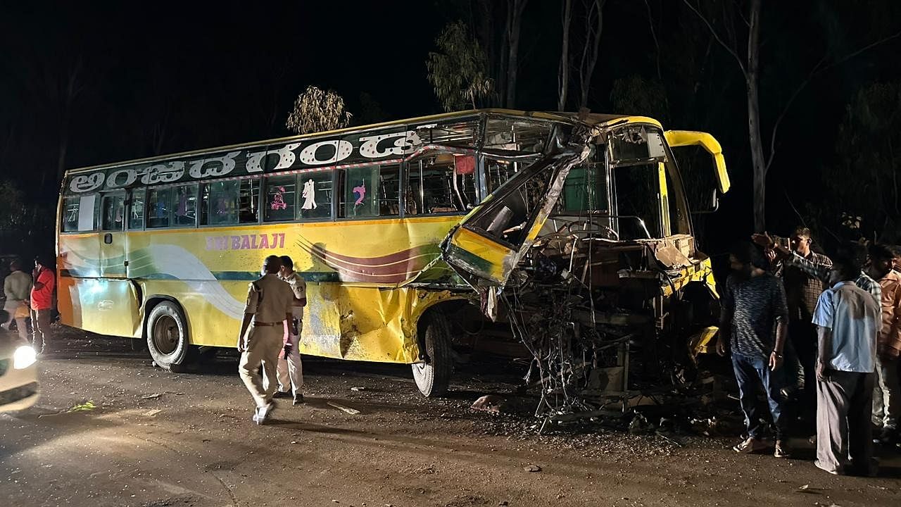 The incident took place when a bus heading towards Shivamogga from Shikaripur collided with the other bus coming from opposite direction. Credit: Shivamogga Police
