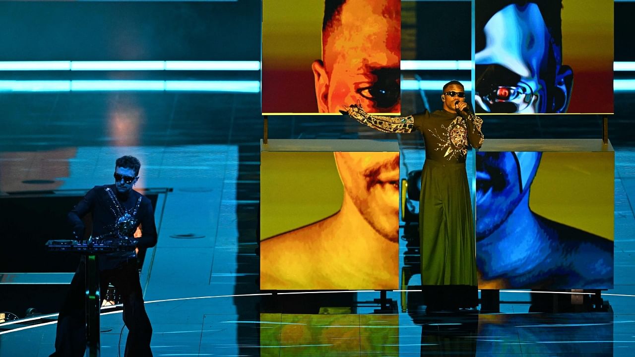 Music duo Tvorchi, performing on behalf of Ukraine, take part in a rehearsal ahead of the Eurovision Song contest 2023 at the M&S Bank Arena in Liverpool, northern England on May 10, 2023. Credit: AFP Photo