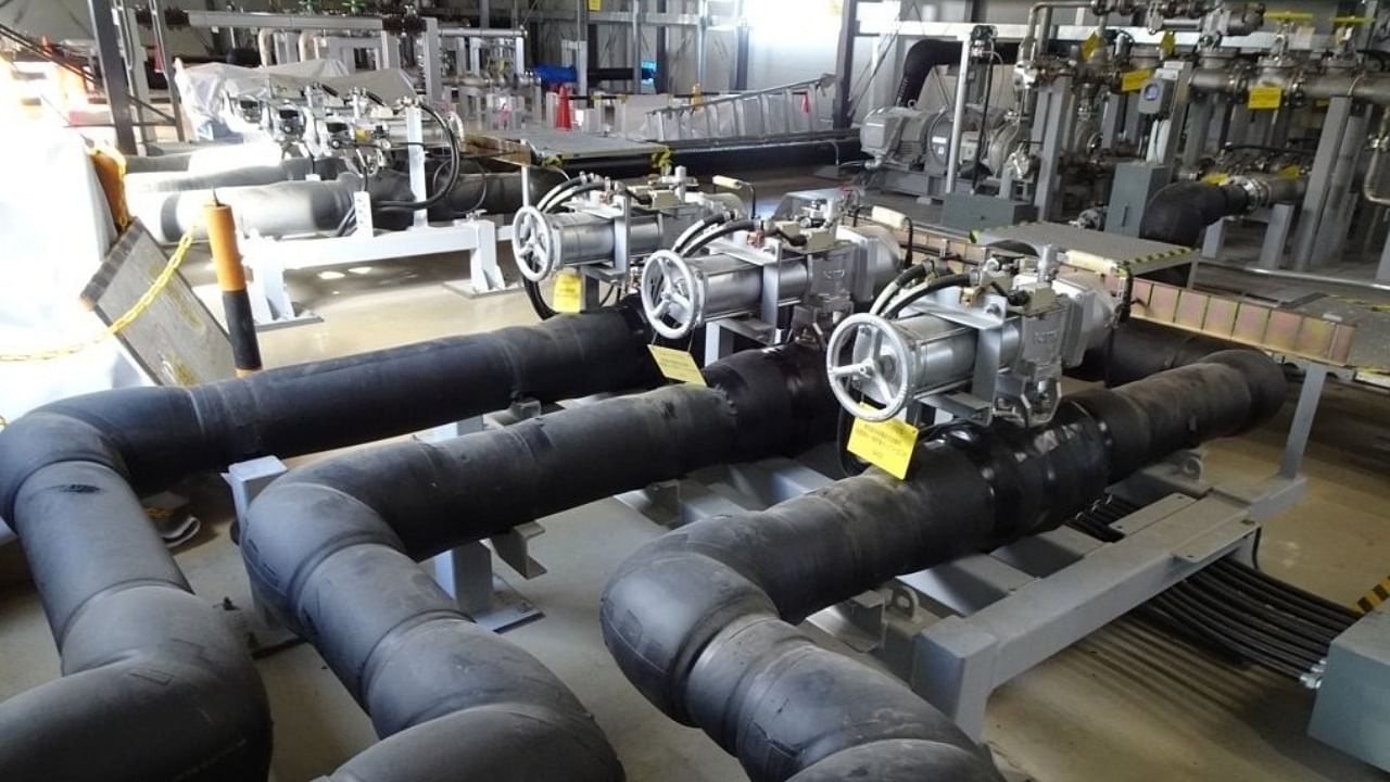 This file photo shows pump facilities to transfer contaminated water after purification with the advanced liquid processing system (ALPS) at Fukushima Daiichi Nuclear Power Station of Tokyo Electric Power Co. (TEPCO), unveiled to foreign reporters on February 2, 2023. Credit: Yonhap Photo via IANS