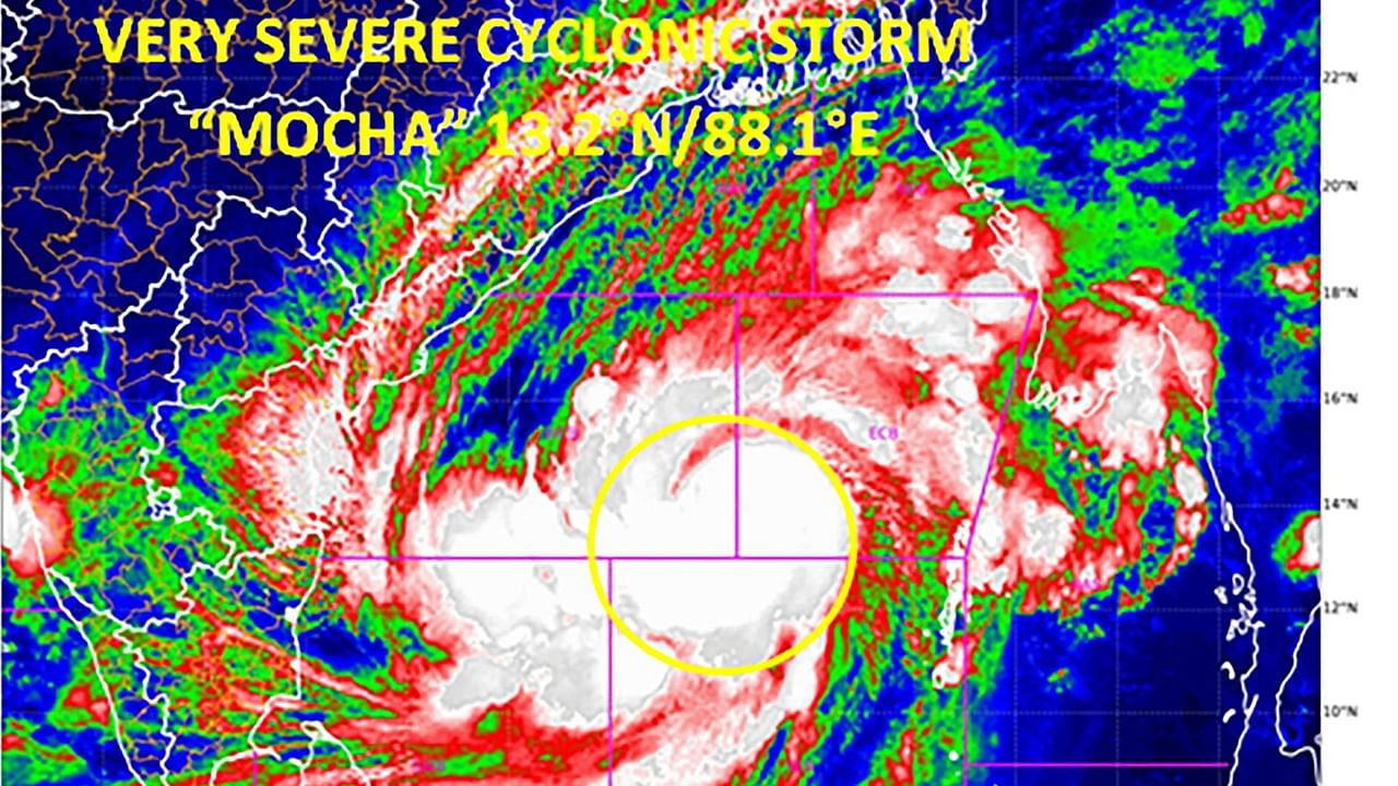 The cyclone Mocha lay centered at 0230 hours IST of 12th May 2023 over Southeast adjoining Central Bay of Bengal about 520 km west-northwest of Port Blair. Credit: PTI Photo