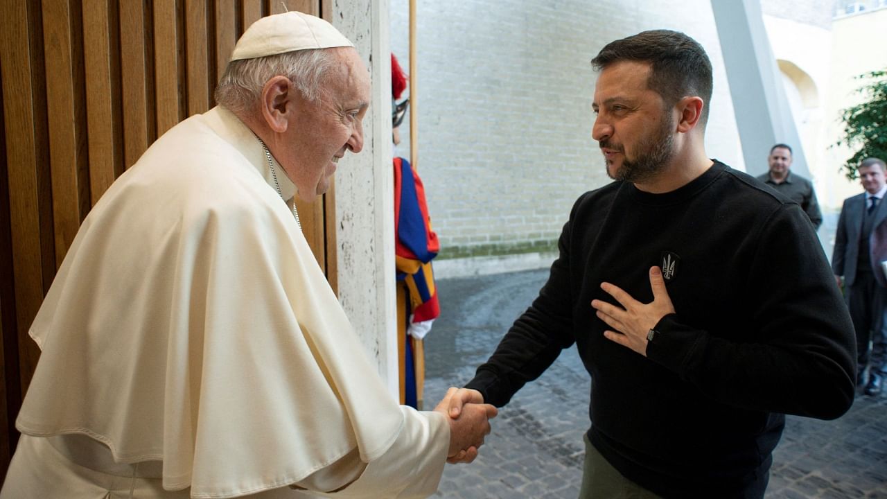 Pope Francis meets with Ukrainian President Volodymyr Zelenskyy, at the Vatican, May 13, 2023. Credit: Vatican Media/­Handout via Reuters Photo