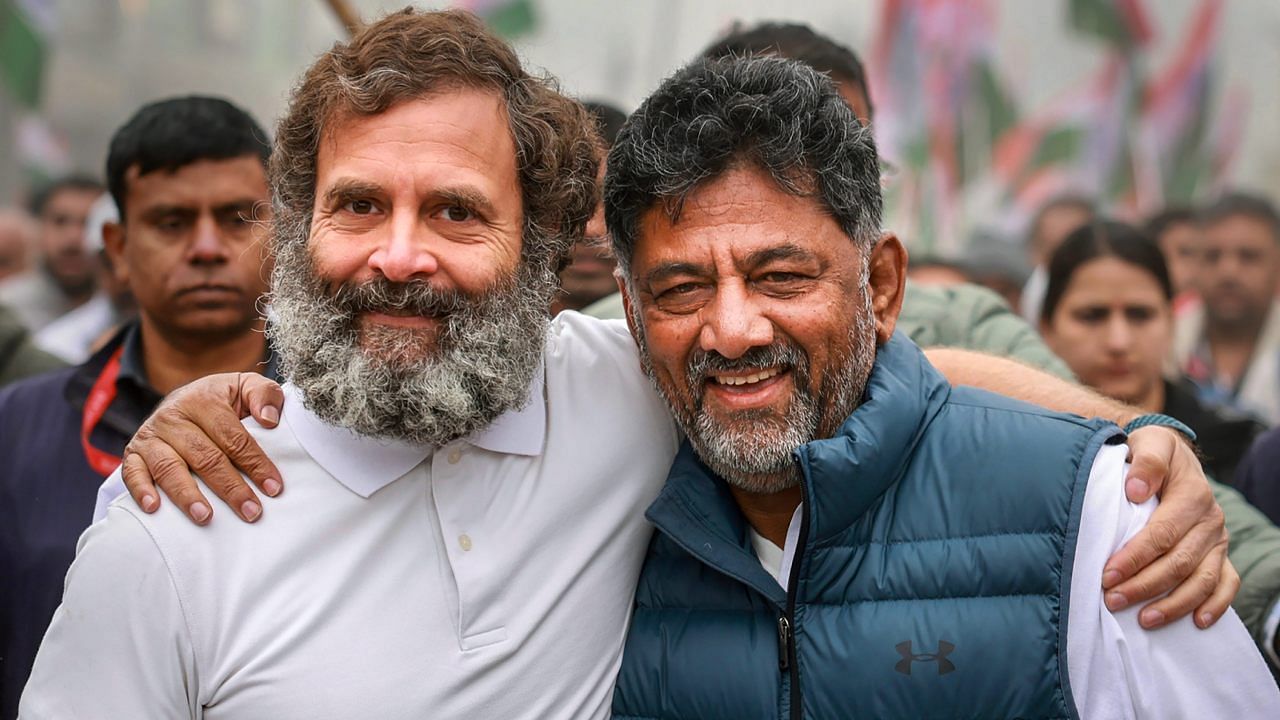 Karnataka Congress President D K Shivakumar with Rahul Gandhi during the party's 'Bharat Jodo Yatra'. Credit: PTI File Photo