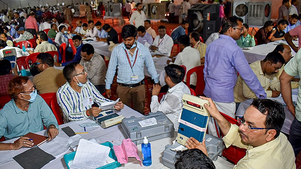 Counting of votes for the municipal elections underway amid tight security, in Varanasi, Saturday, May 13, 2023. Credit: PTI Photo