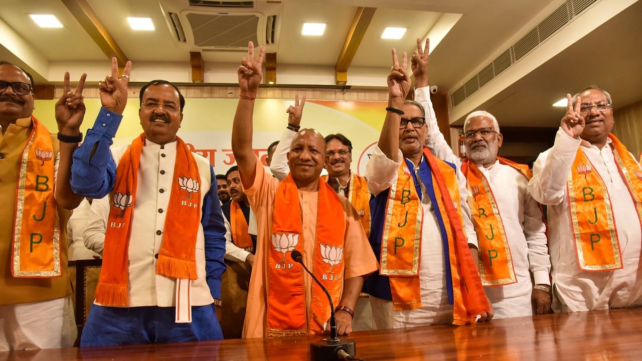 Uttar Pradesh Chief Minister and BJP leader Yogi Adityanath with Deputy Chief Ministers KP Maurya and Brajesh Pathak during celebrations following the announcement of results of UP local body elections, Lucknow, May 13, 2023. Credit: PTI Photo