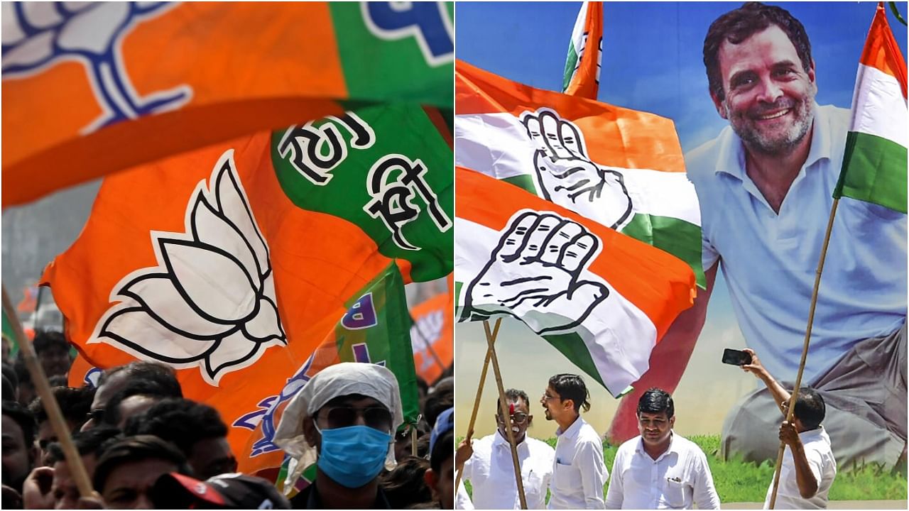 The party flag of the BJP and the Congress. Credit: AFP and PTI Photos