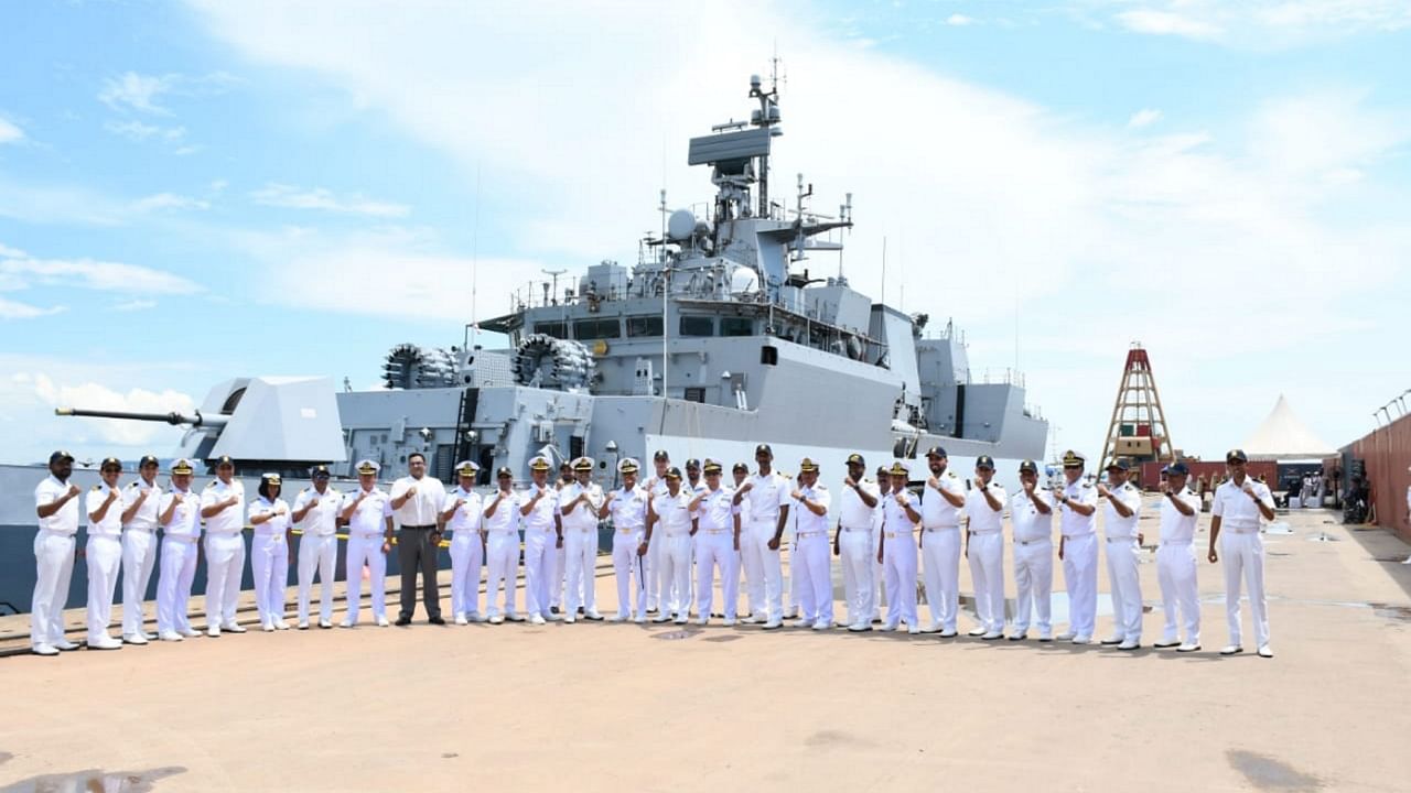 Indian Navy personnel upon their arrival to participate in the 4th edition of India-Indonesia Bilateral exercise Samudra Shakti-23, in Batam, Indonesia. Credit: PTI Photo