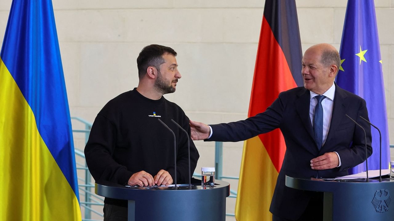 German Chancellor Olaf Scholz and Ukraine's President Volodymyr Zelenskyy speak to the media following their closed door meeting at the Chancellery in Berlin, Germany, May 14, 2023. Credit: Reuters Photo