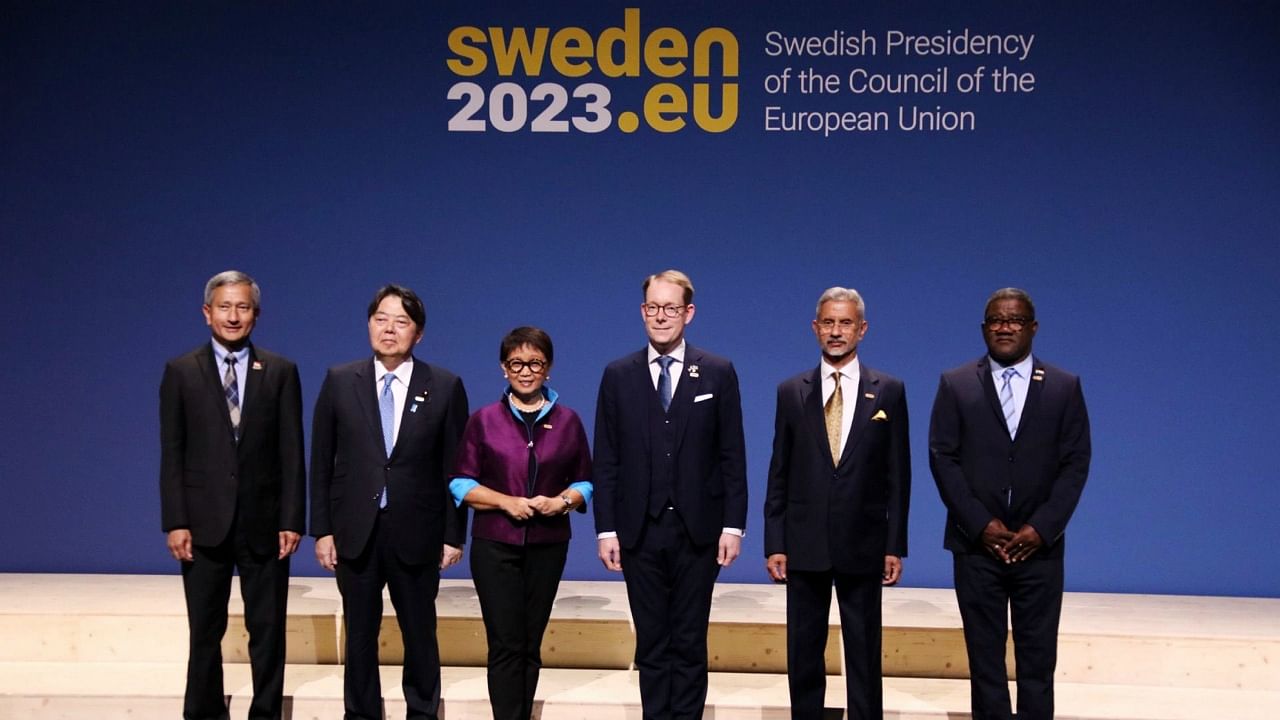 External Affairs Minister S. Jaishankar with other dignitaries during the EU Indo-Pacific Ministerial Forum, in Stockholm, Sweden. Credit: PTI Photo
