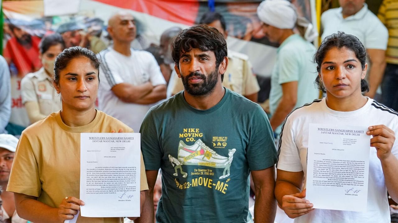 Protesting wrestlers at Jantar Mantar. Credit: PTI File Photo