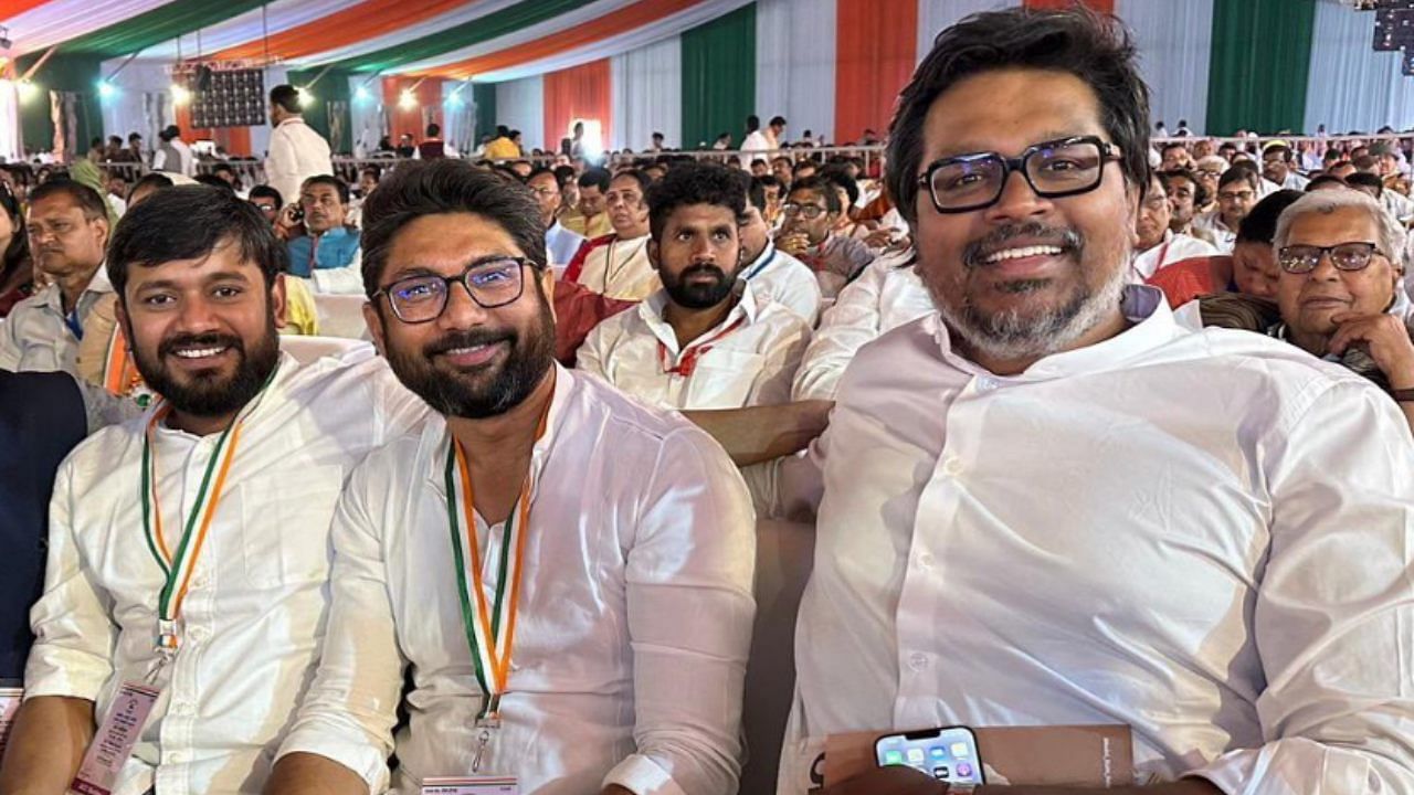 Kanhaiya Kumar, Jignesh Mevani and Sunil Kanugolu. Credit: Twitter@goyatkulkin