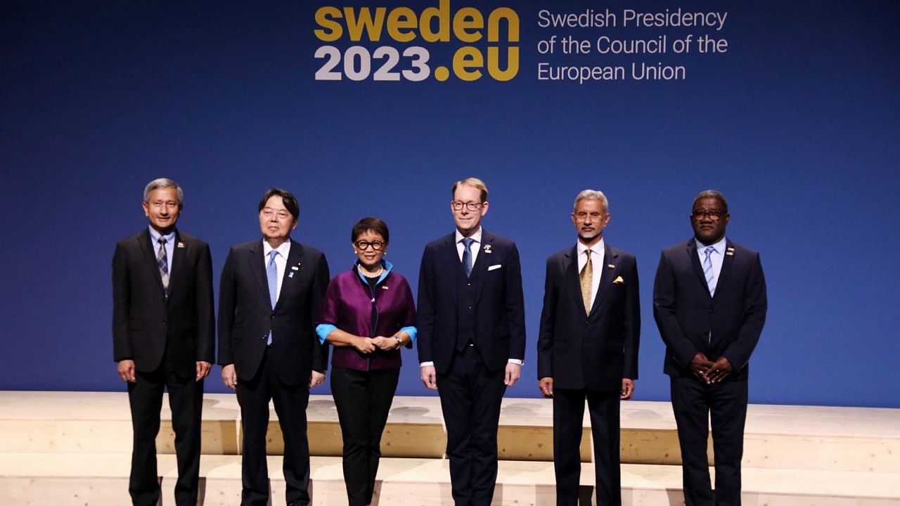External Affairs Minister S Jaishankar with other dignitaries during the EU Indo-Pacific Ministerial Forum, in Stockholm, Sweden. Credit: PTI Photo