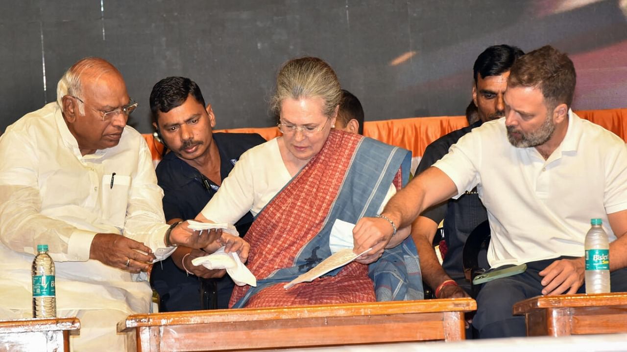 Congress President Mallikarjun Kharge, senior leaders Sonia Gandhi and Rahul Gandhi. Credit: PTI File Photo