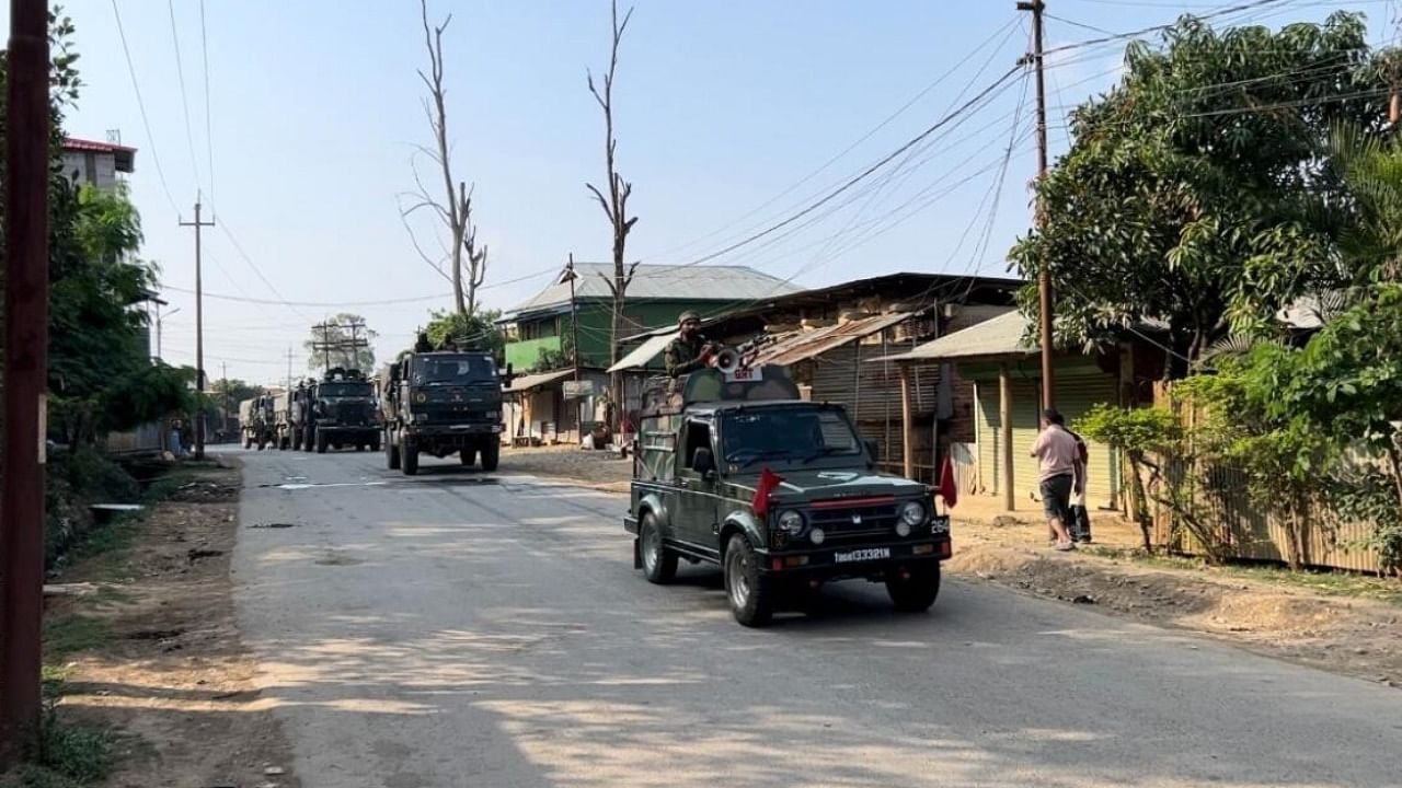 Security forces patrol affected areas in Manipur week after the state was hit by violence. Credit: PTI Photo