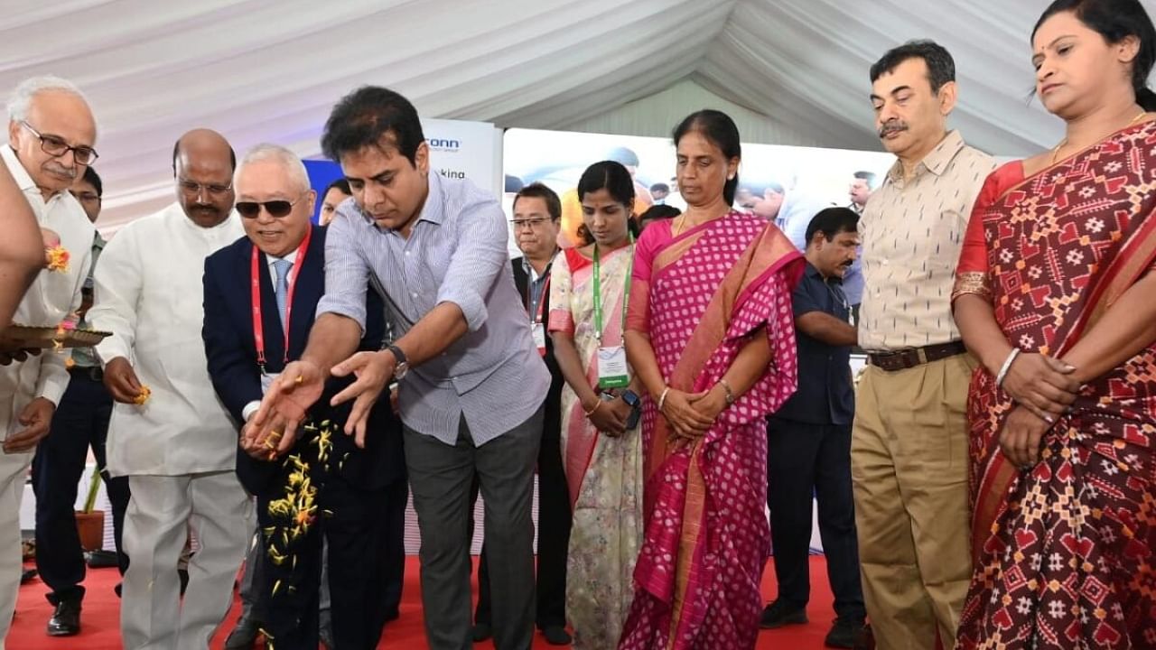 The foundation laying ceremony took place in the presence of Telangana Minister for Industries and Commerce K T Rama Rao, Foxconn Interconnect Technology Chairman and CEO Sidney Lu and other dignitaries. Credit: IANS Photo