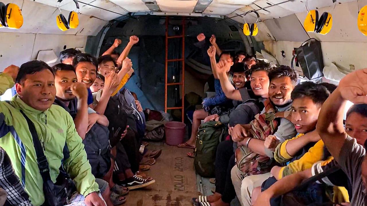 People stranded at Phaisenjang near the Indo-Myanmar Border being evacuated by Assam Rifles, in Chandel district of Manipur. Credit: PTI Photo