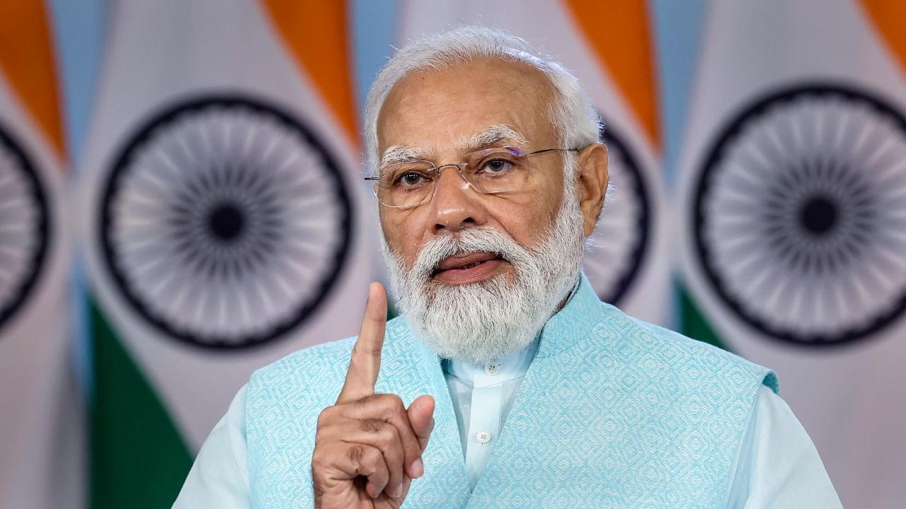 Prime Minister Narendra Modi addresses a distribution programme of appointment letters during Rojgar Mela, in New Delhi, Tuesday, May 16, 2023. Credit: PTI Photo 