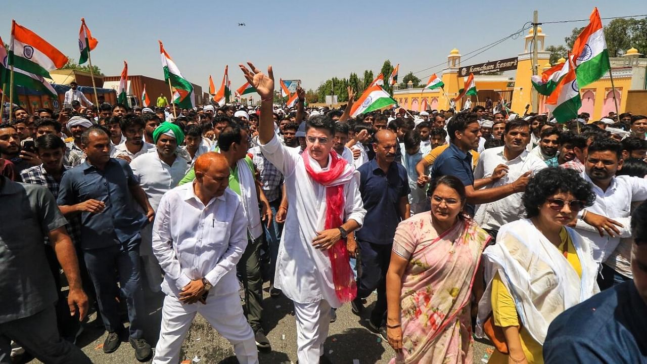 Congress leader Sachin Pilot with supporters during his 'Jan Sangharsh Yatra', in Jaipur. Credit: PTI Photo