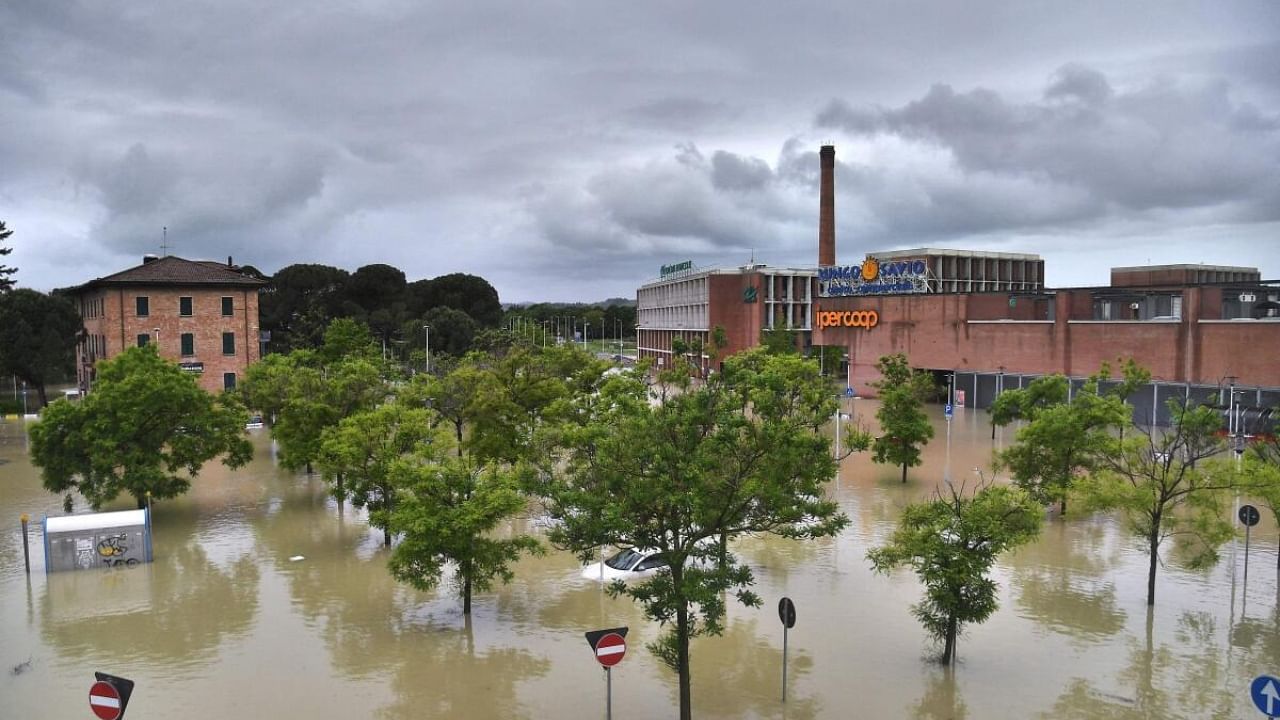 A picture taken in Cesena on May 17, 2023 shows a flooded supermarket area after heavy rains have caused major floodings in central Italy, where trains were stopped and schools were closed in many towns while people were asked to leave the ground floors of their homes and to avoid going out. Credit: AFP Photo