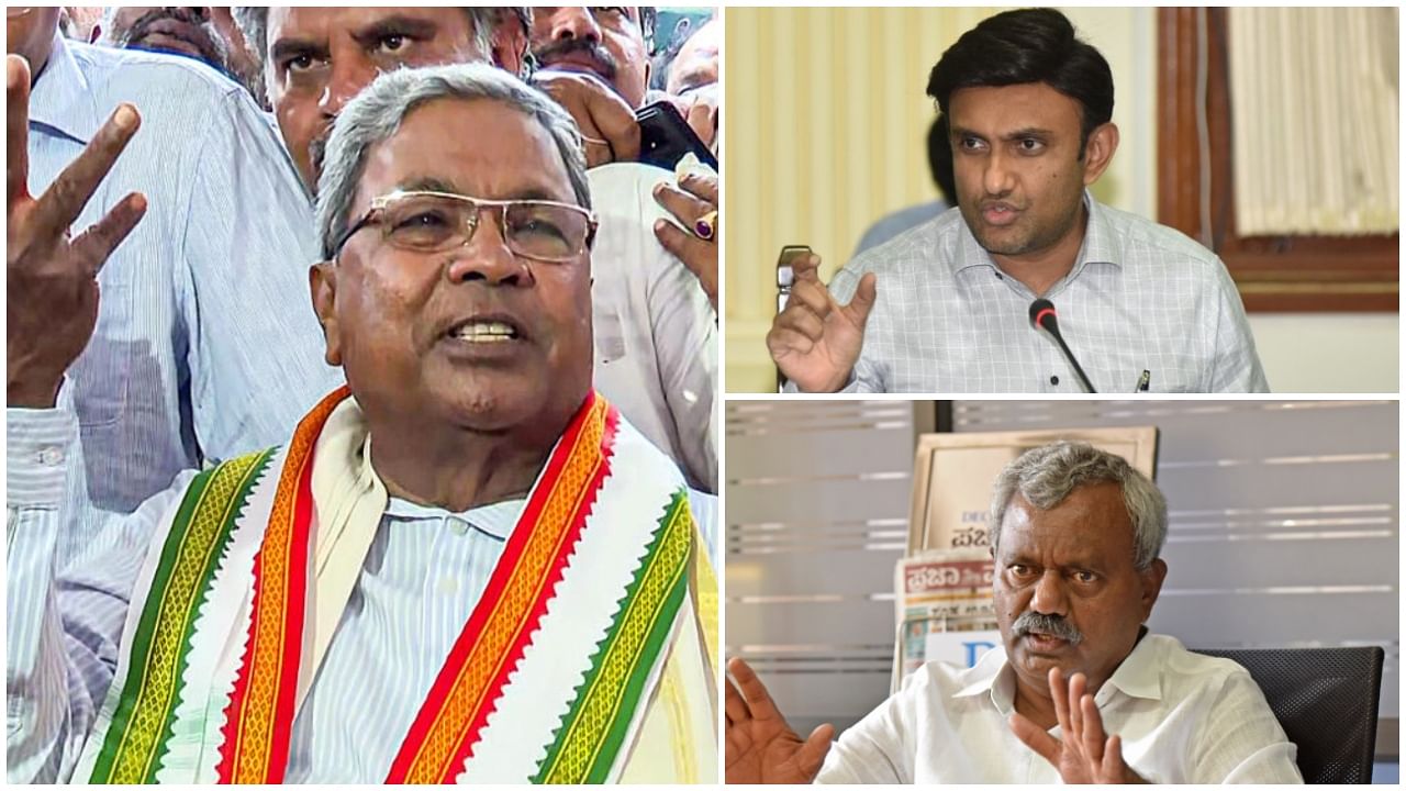 Congress leader Siddaramaiah and BJP leaders K Sudhakar and S T Somashekar. Credit: PTI and DH Photos