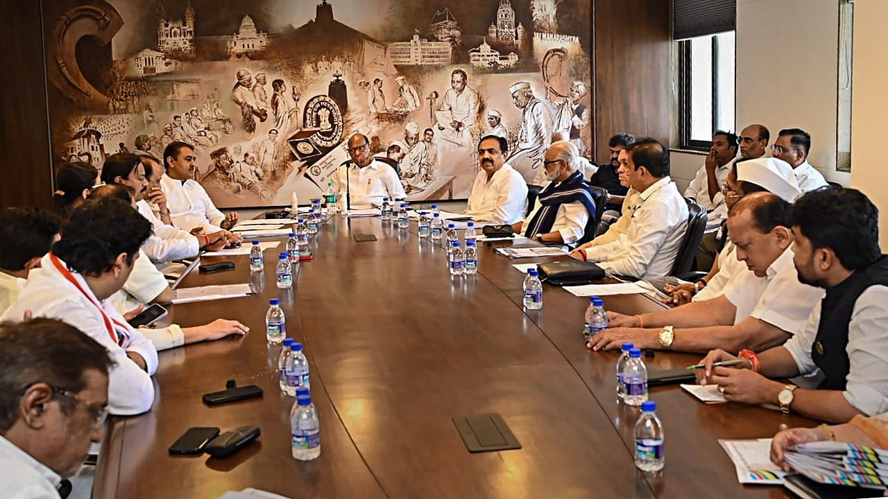 NCP Vice President Praful Patel, Leader of Opposition Ajit Pawar, state NCP President Jayant Patil, senior leader Chhagan Bhujbal, Dilip Walse Patil, Sunil Tatkare, Jitendra Awhad, Supriya Sule, Fauziya Khan and others were among others present at the NCP core committee meeting. Credit: PTI Photo