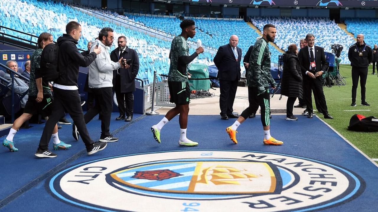 Real Madrid players train for their match at Man City's home ground, the Etihad Stadium. Credit: Reuters Photo