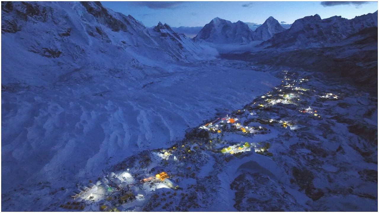 A general view of the Everest base camp taken from a drone, in Nepal April 24, 2023.  Credit: Reuters Photo
