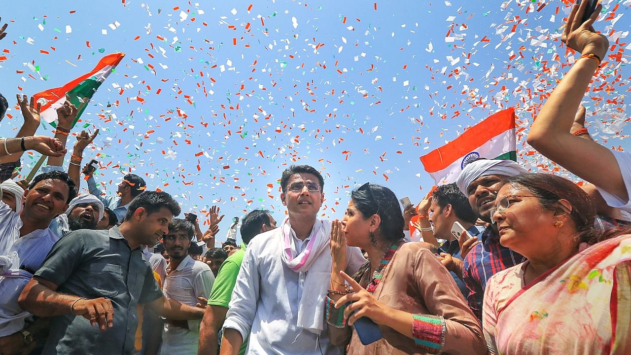 Congress leader Sachin Pilot with supporters during his 'Jan Sangharsh Yatra', in Jaipur, Monday, May 15, 2023. Credit: PTI Photo