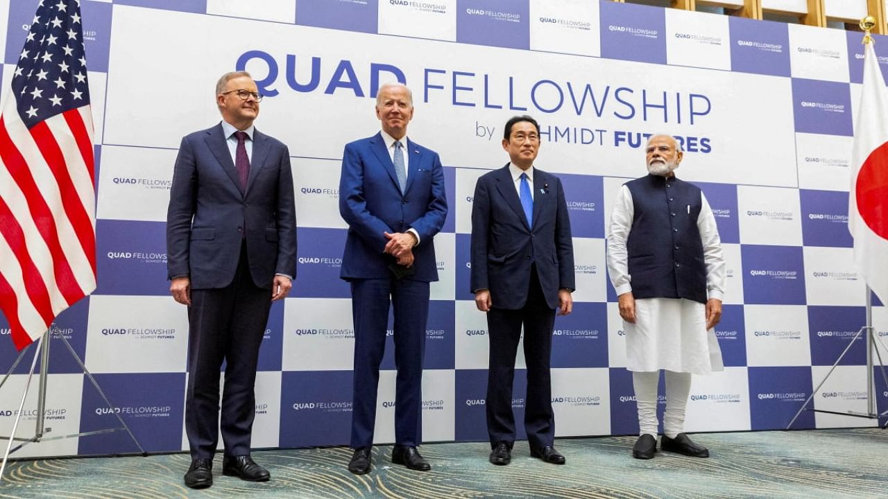 A file photo of PM Narendra Modi (R) along with (from left) Australian PM Anthony Albanese, US President Joe Biden and Japanese PM Fumio Kishida. Credit: Reuters Photo