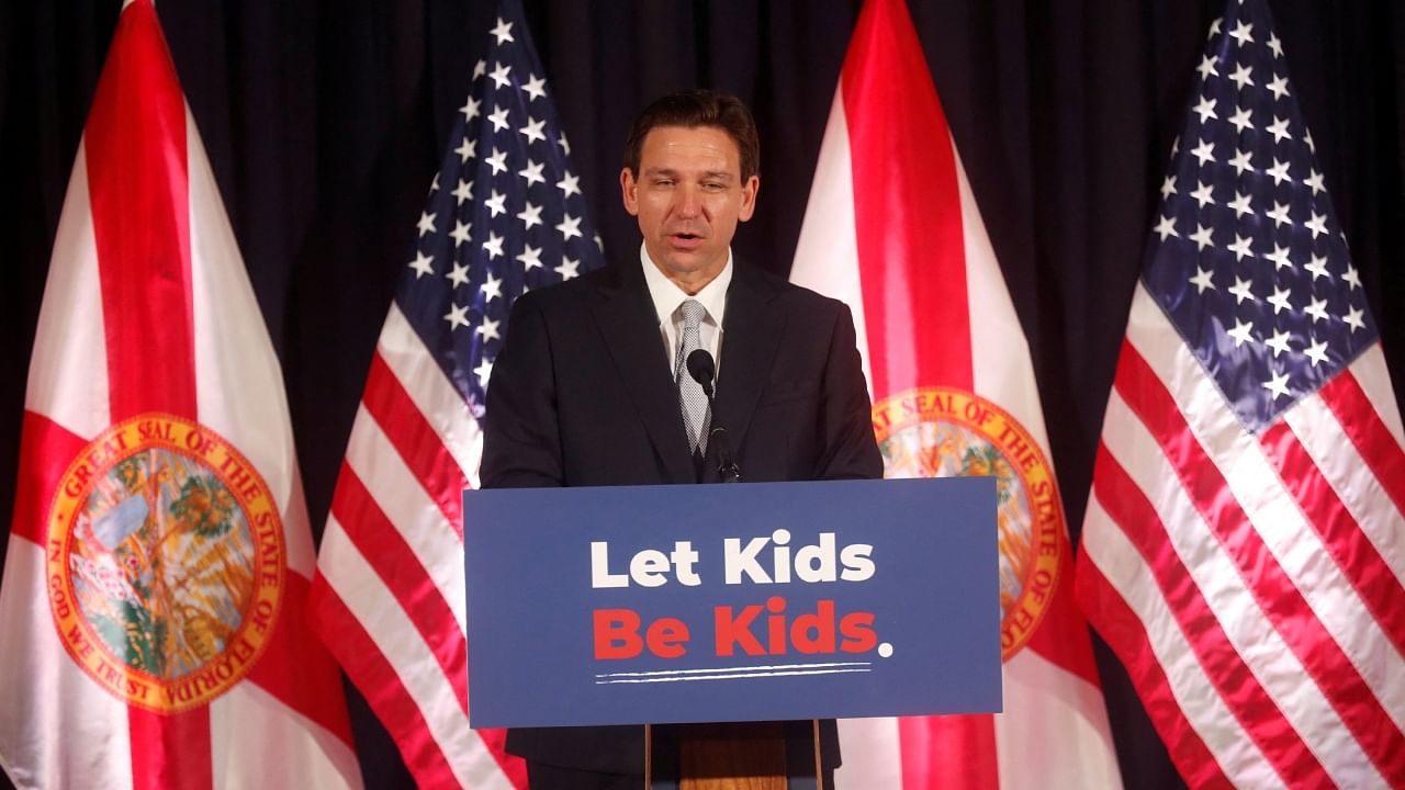 Florida Governor Ron DeSantis speaks during a press conference before he signs five state house bills into law at Cambridge Christian School in Tampa, Florida, US, May 17, 2023. Credit: Reuters Photo