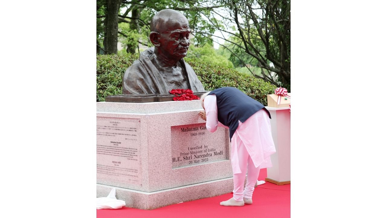 As he unveiled a bust of Mahatma Gandhi, an apostle of peace, in Hiroshima on Saturday, Prime Minister Modi had said the world gets frightened even today when it hears the word 'Hiroshima'. Credit: IANS Photo