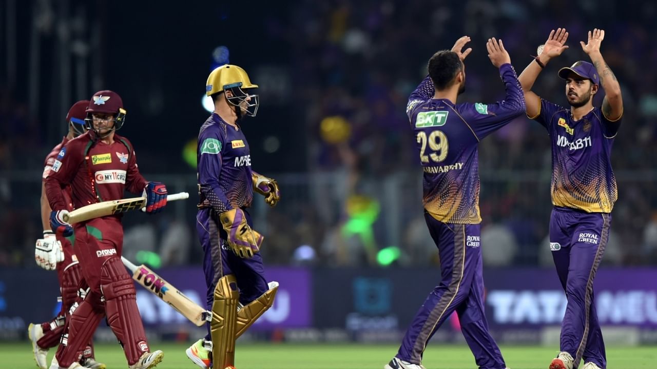 KKR celebrate the dismissal of LSG's Quinton de Kock during the IPL 2023 match between Kolkata Knight Riders and Lucknow Super Giants, at Eden Gardens, in Kolkata, on Saturday, May 20, 2023. Credit: IANS Photo