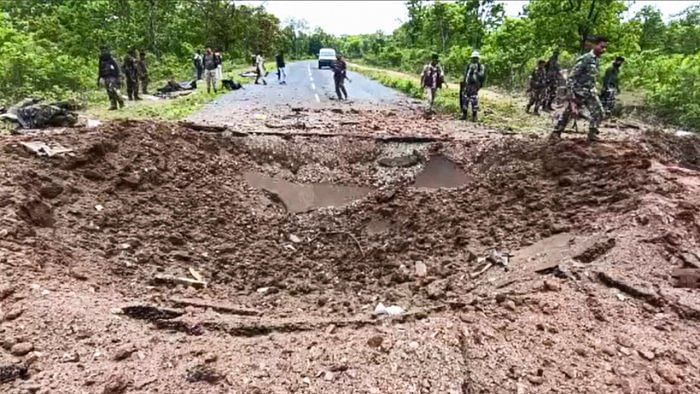 Security personnel at the site after at least ten police personnel and a driver were killed in a blast carried out by Naxalites in Chhattisgarh's Dantewada district, Wednesday, April 26, 2023. Credit: PTI File Photo  