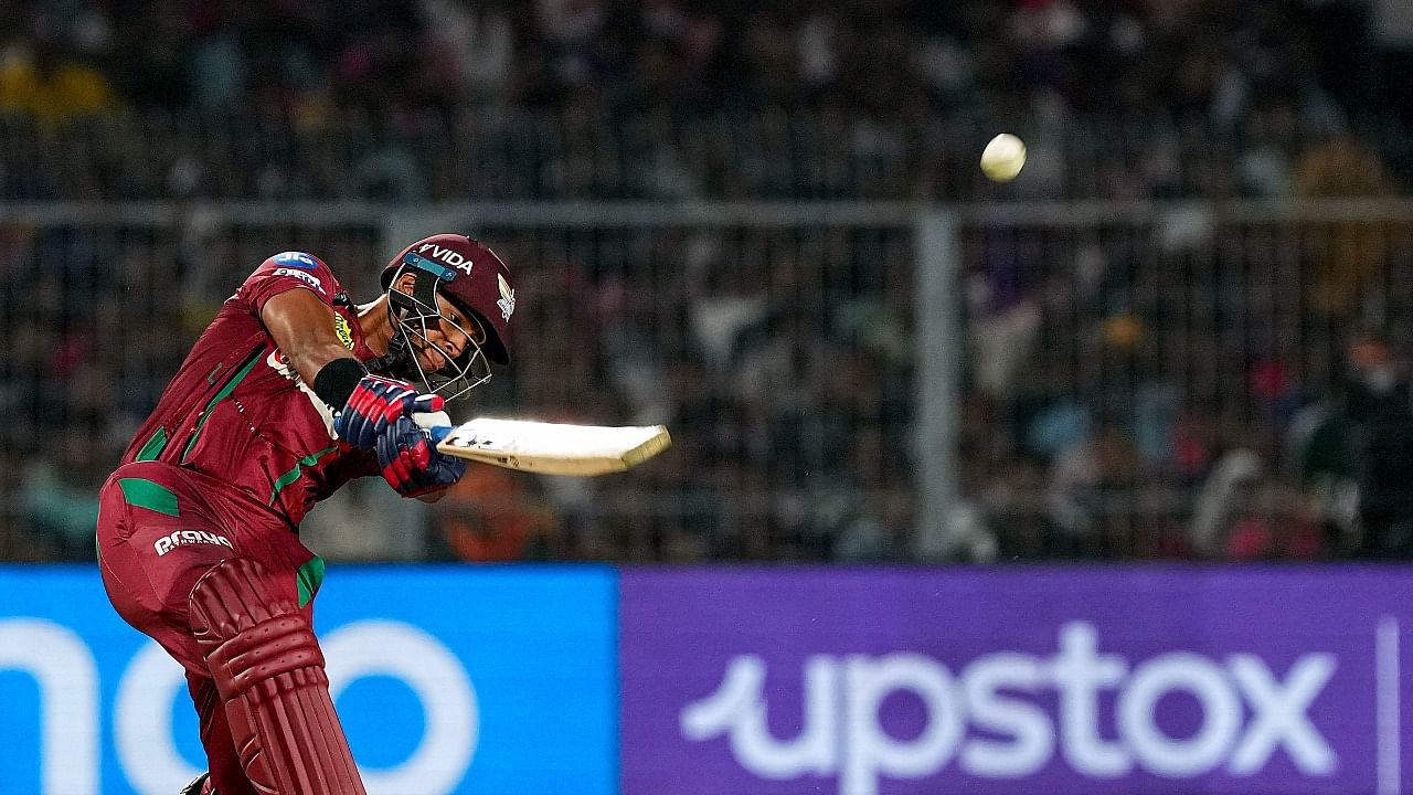 Pooran (58 off 30 balls) rebuilt the innings after LSG were precariously placed at 73/5 with all their top batters, including the in-form duo of Marcus Stoinis (0) and Krunal Pandya (9), getting out cheaply. Credit: PTI Photo