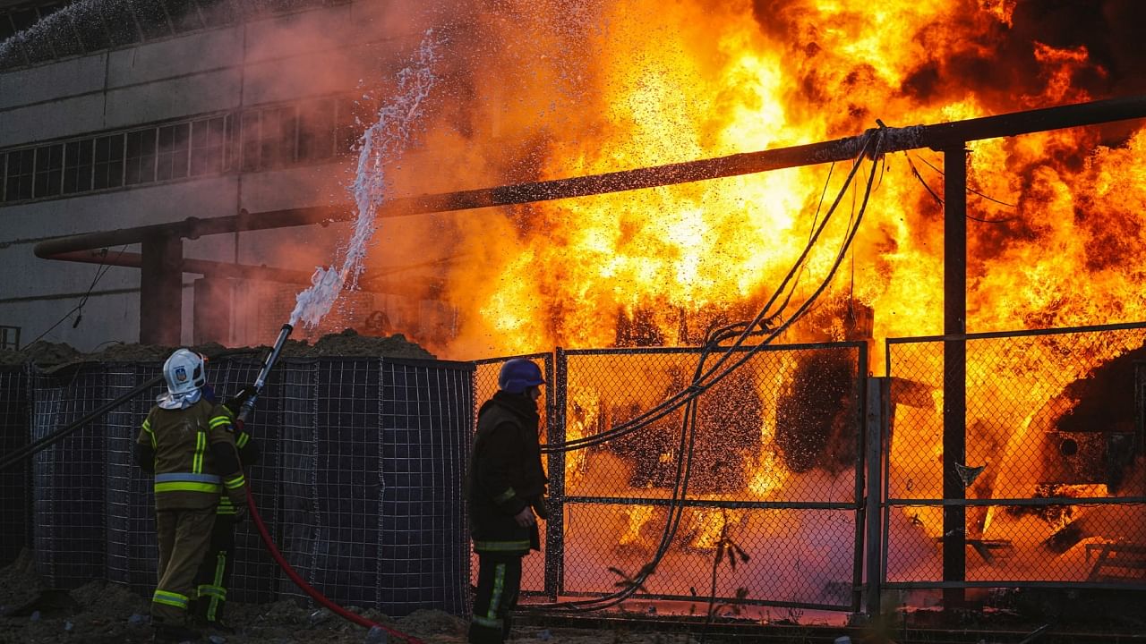 In this file photo, firefighters work to put out a fire in a thermal power plant, damaged by a Russian missile strike in Kyiv, Ukraine, on October 18, 2022. Credit: Reuters Photo