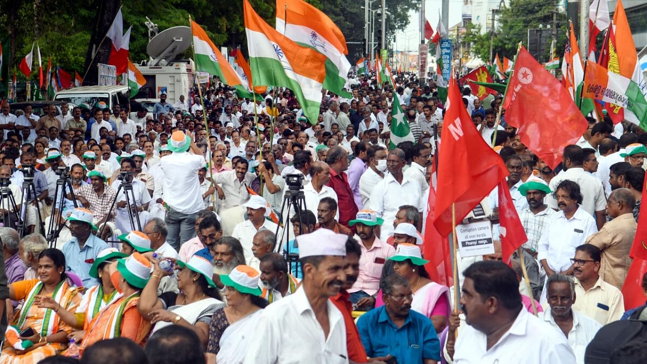 United Democratic Front (UDF) supporters during their protest against the Kerala government, at state Secretariat, in Thiruvananthapuram. Credit: PTI Photo