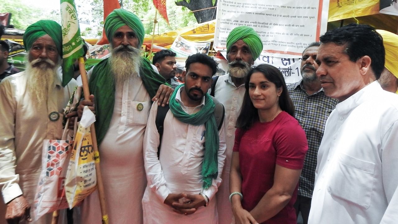 Wrestler Vinesh Phogat with supporters during the wrestlers' protest at Jantar Mantar in New Delhi. Credit: IANS Photo