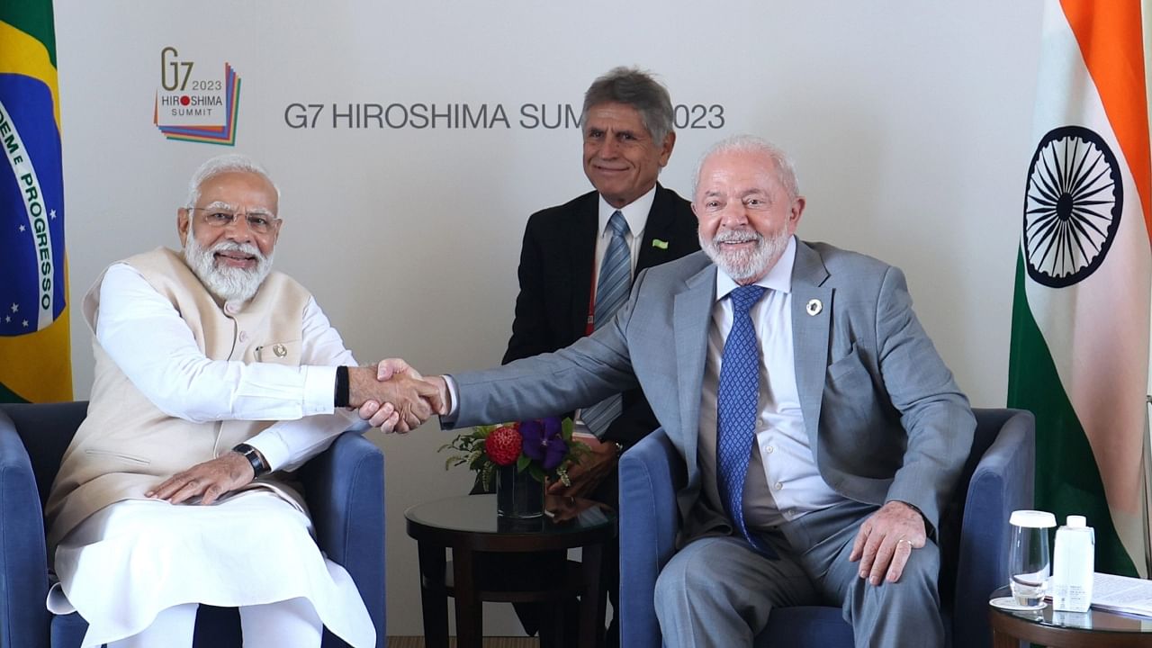 Prime Minister Narendra Modi in a bilateral meeting with the President of Brazil, Luiz Inácio Lula da Silva, in Hiroshima. Credit: PTI Photo