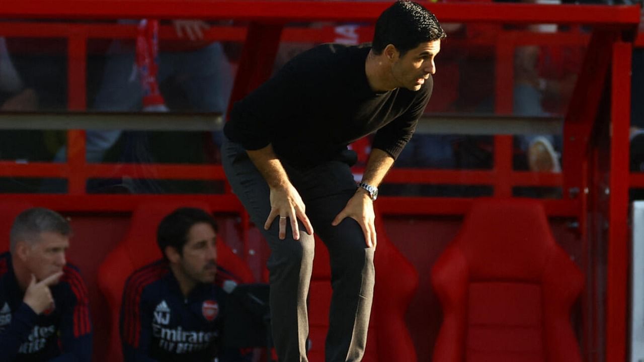 Arsenal manager Mikel Arteta reacts after the team lost to Nottingham Forest. Credit: Reuters Photo