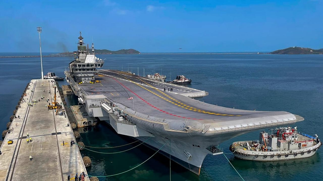INS Vikrant being berthed at the newly constructed Aircraft Carrier pier, in Karwar, Saturday, May 20, 2023. Credit: PTI Photo