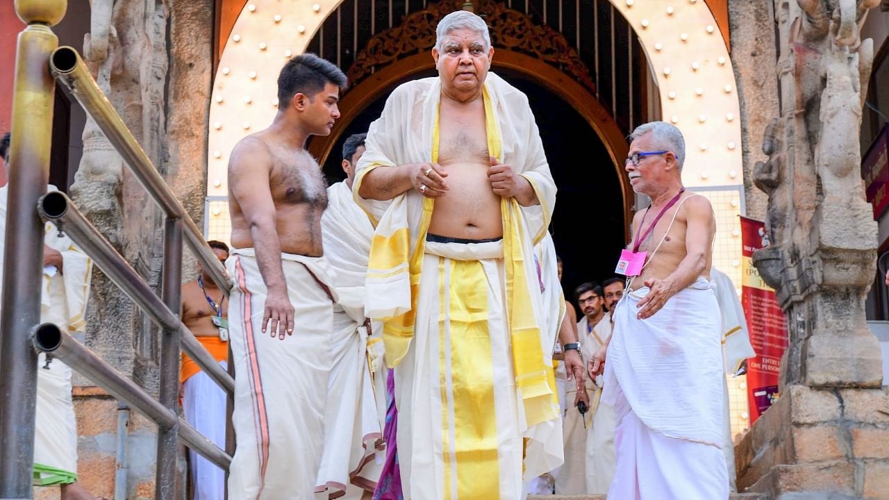 Vice President Jagdeep Dhankhar during his visit to the Sree Padmanabhaswamy temple. Credit: PTI Photo