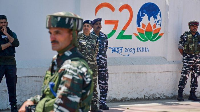 Security personnel stand guard during the high alert ahead of G20 tourism working group meeting. Credit: PTI Photo 