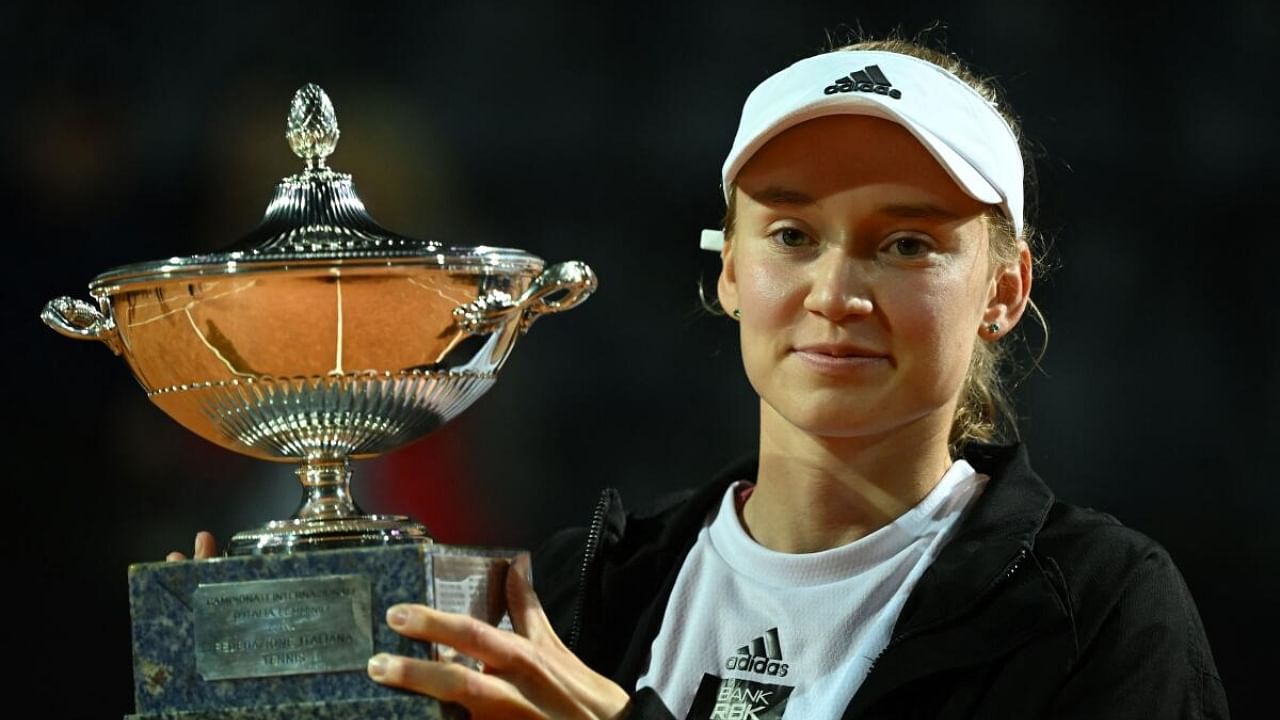 Kazakhstan's Elena Rybakina poses with her trophy celebrating winning the final match of the Women's WTA Rome Open tennis tournament against Ukraine's Anhelina Kalinina at Foro Italico in Rome on May 20, 2023. Credit: AFP Photo