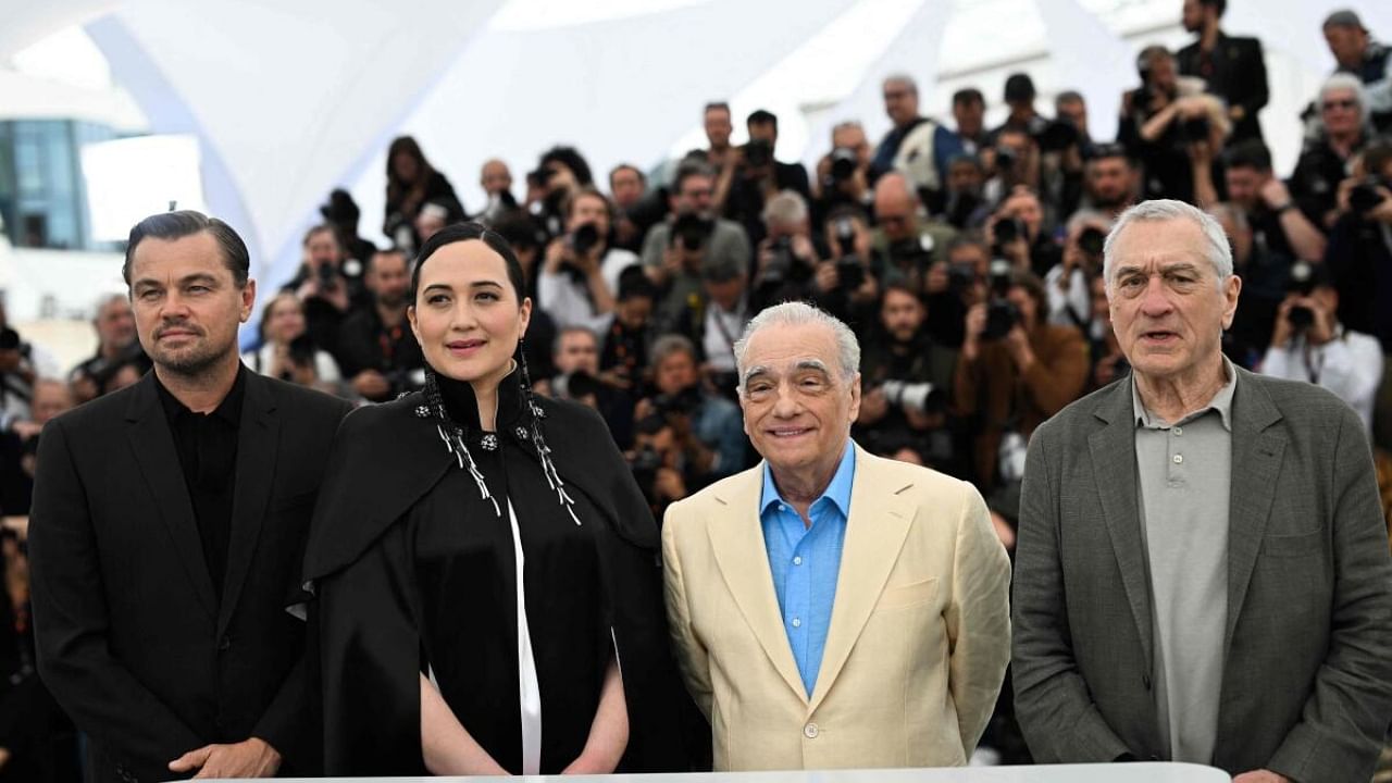 The cast of 'Killers of the Flower Moon' at Cannes with director Martin Scorsese. Credit: AFP Photo