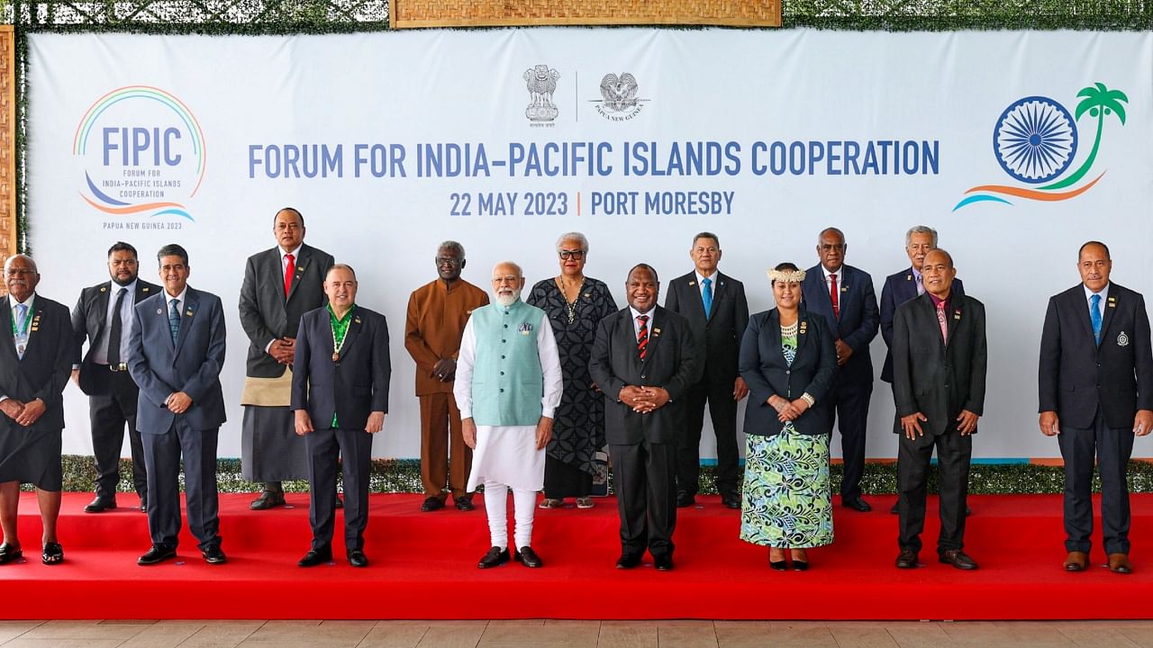 Prime Minister Narendra Modi poses with leaders of the Forum for India-Pacific Islands Cooperation (FIPIC) in Port Moresby, Papua New Guinea, Monday, May 22, 2023. Credit: PTI Photo